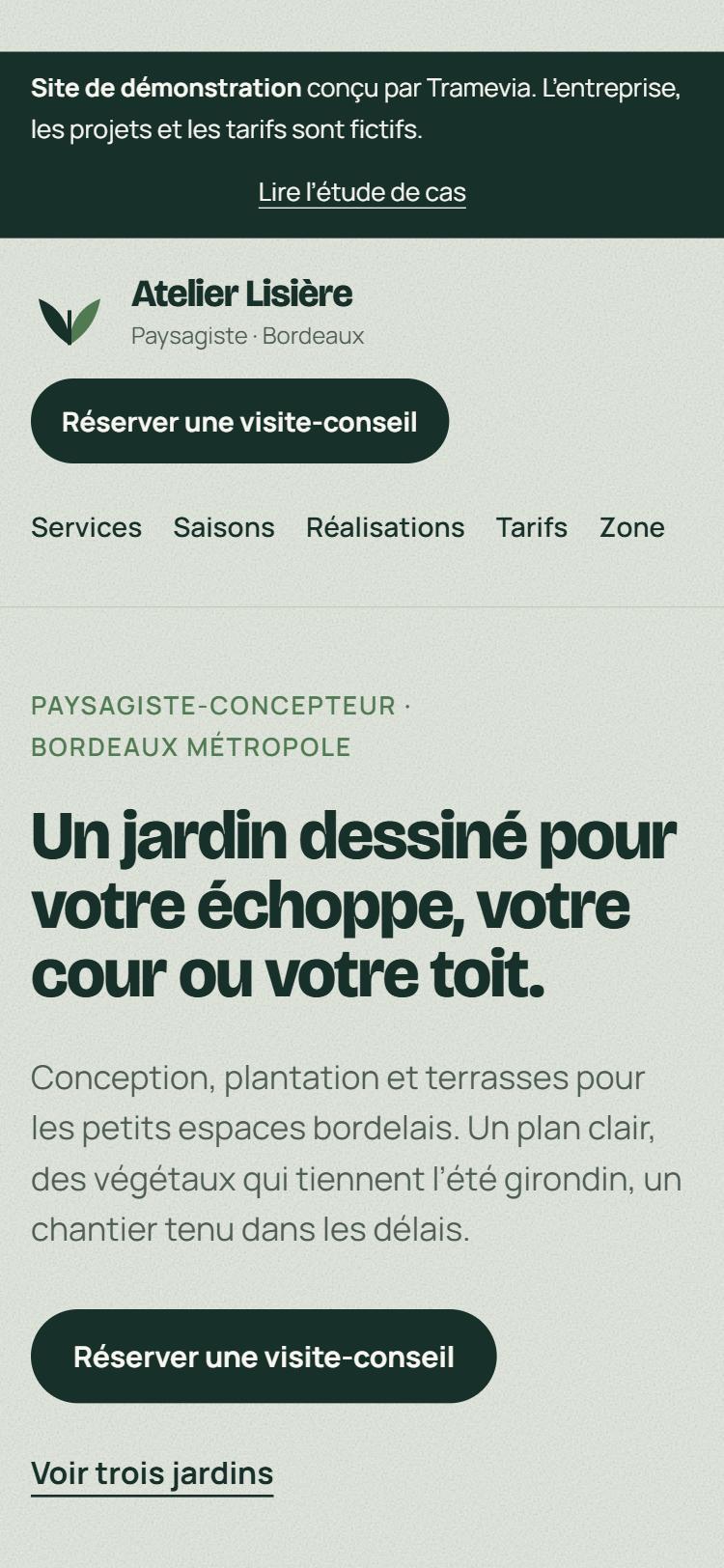 Le site Atelier Lisière sur téléphone : titre, boutons et plan de jardin
