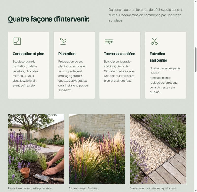 Sections services et images : pictogrammes, trois photographies de plantation et de matériaux, début des saisons illustrées