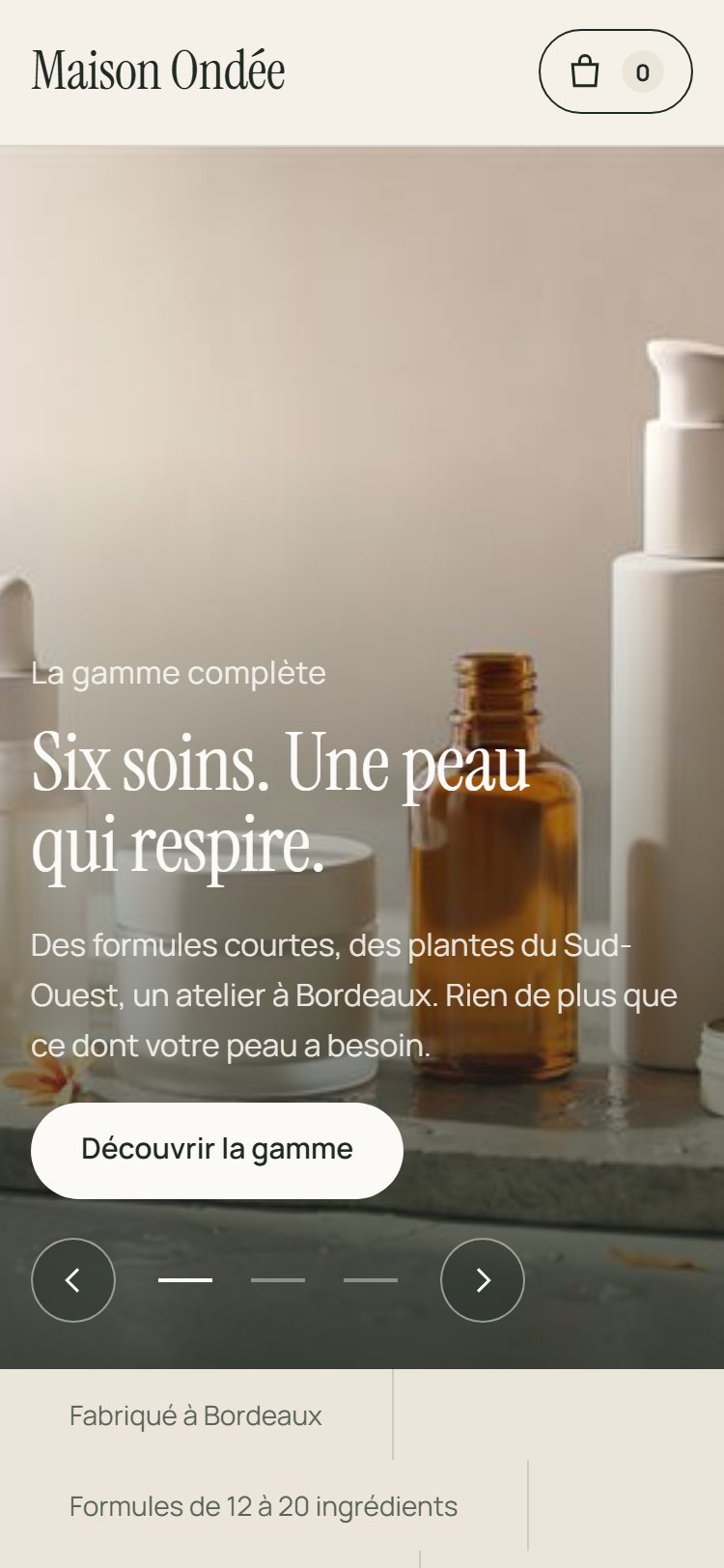 The Maison Ondée shop on a phone: slideshow, headline and Discover the range button