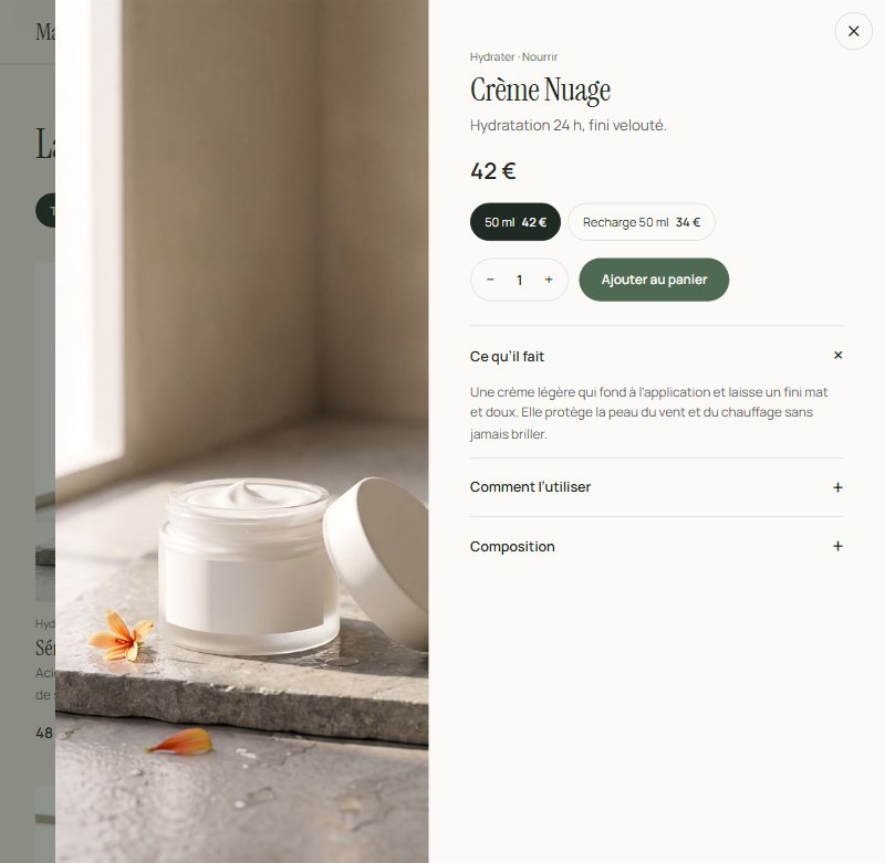 Product panel for the Nuage cream: full-height photo on the left, size, quantity and Add to cart button on the right