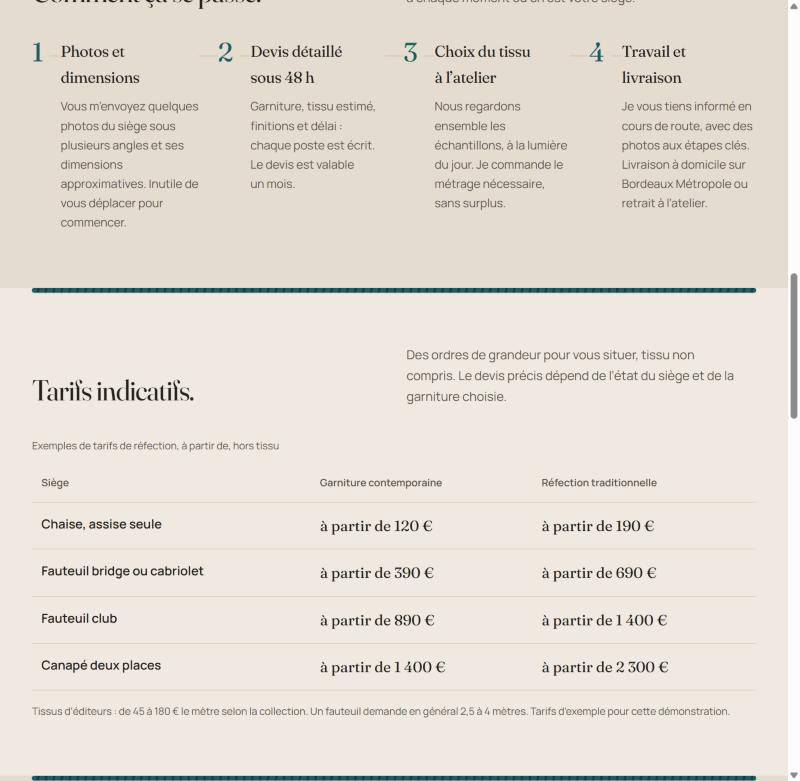 Guided quote request form of the Atelier Passepoil website: type of seat, padding, condition, fabric, timing and contact details