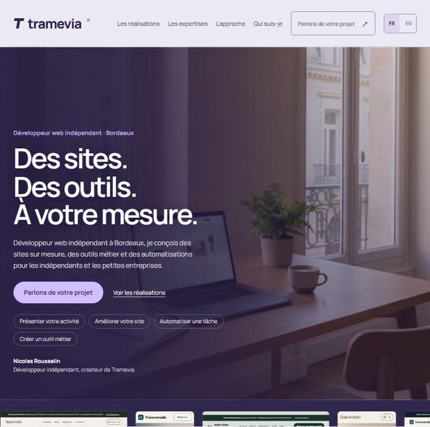 Accueil du site tramevia.com, vérifié sur ordinateur et téléphone
