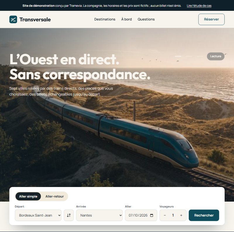 Home page of the Transversale website: teal train along the coast, headline L’Ouest en direct, sans correspondance, and a search card with departure, arrival, date and passengers