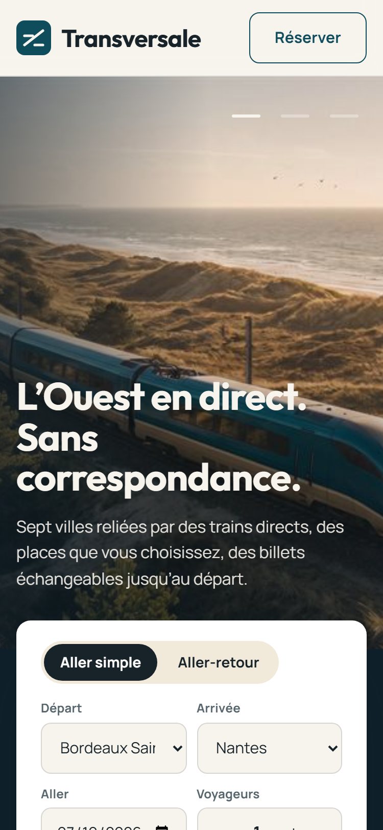 The Transversale website on a phone: slideshow of the train on the coast and the search card