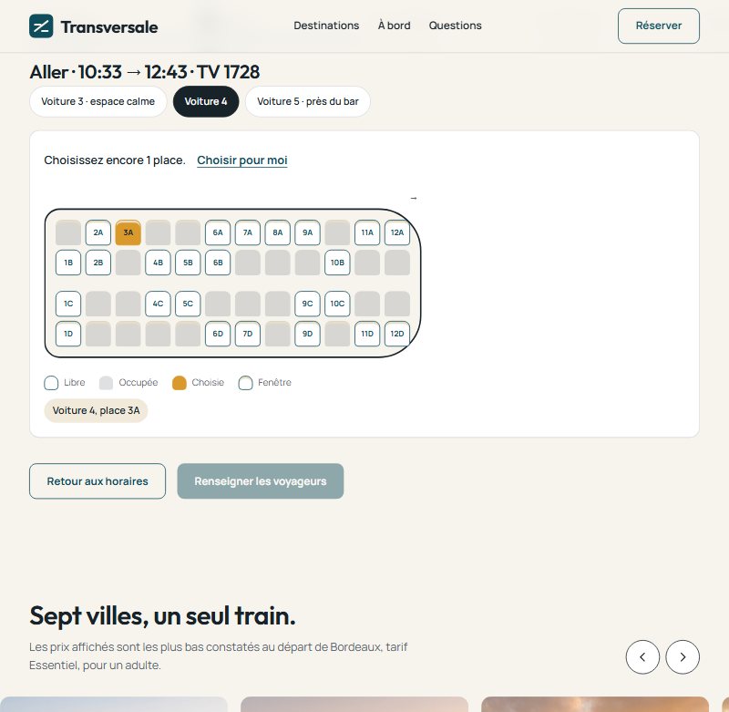 Seats step of the Transversale journey: plan of coach 4 with free, taken and two chosen seats in yellow, legend and summary