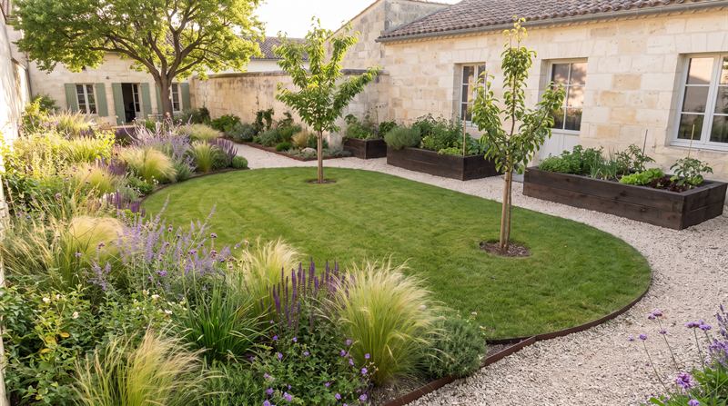 Jardin familial à Caudéran : pelouse en courbe, massifs de vivaces, deux jeunes fruitiers et carrés potagers