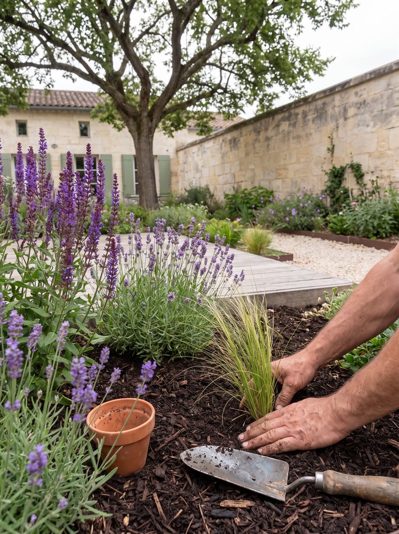 Mains plantant une jeune graminée dans un sol paillé, à côté de sauges et de lavandes, pot en terre cuite et transplantoir posés au sol