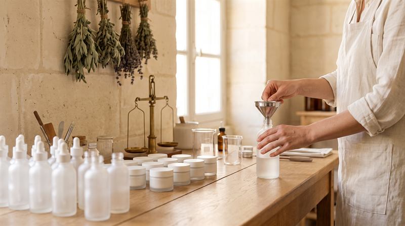 Mains remplissant un flacon à l’entonnoir sur une table en chêne, dans l’atelier en pierre de Bordeaux