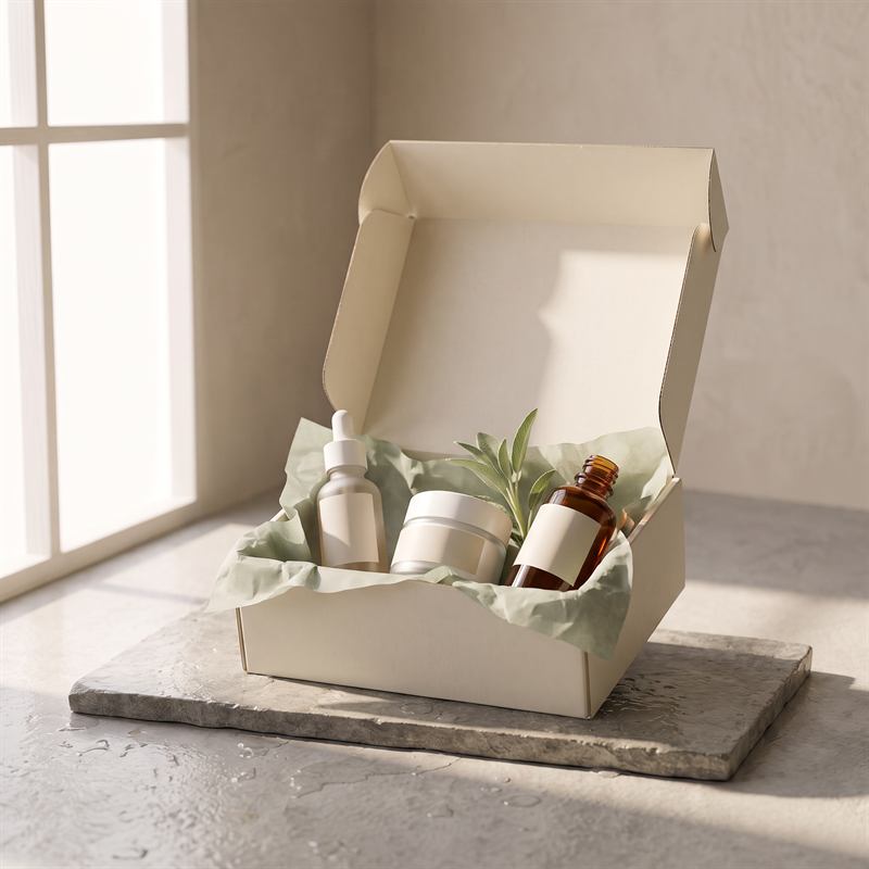 Coffret ivoire ouvert contenant le sérum, la crème et l’huile, calés dans du papier de soie vert sauge