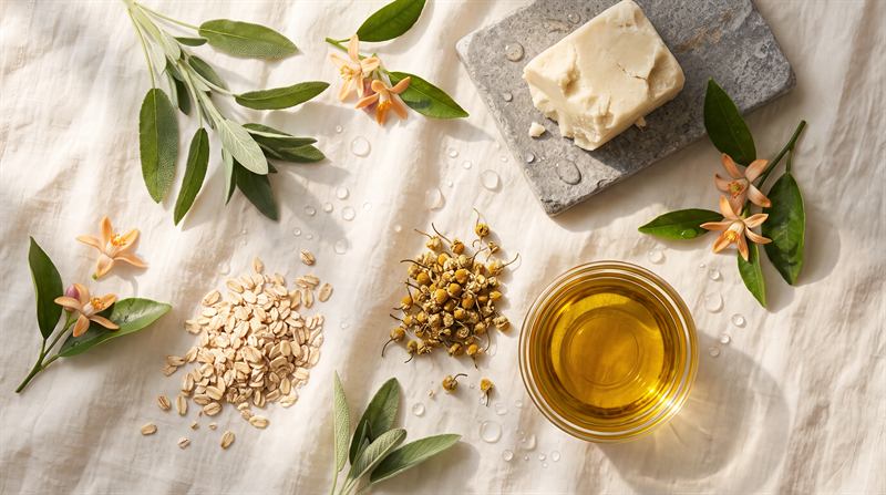 Sauge, fleurs d’oranger, avoine, camomille, beurre de karité et huile végétale posés sur un lin ivoire