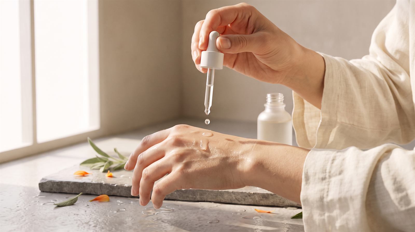 Trois gouttes de sérum déposées à la pipette sur le dos d’une main