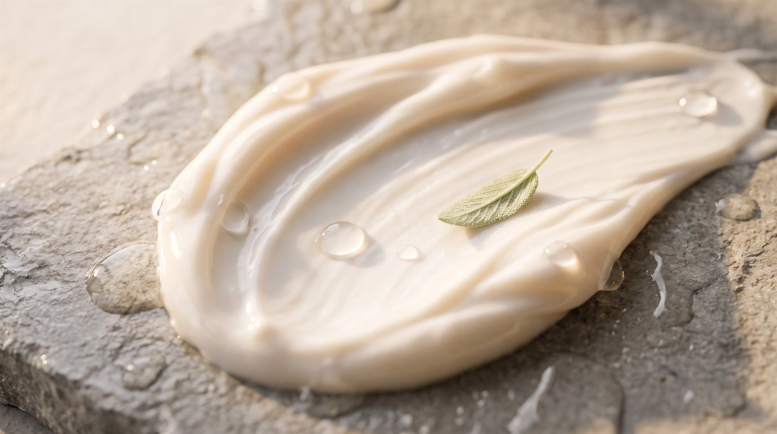 Texture de la crème Nuage étalée sur la pierre, gouttes d’eau et feuille de sauge