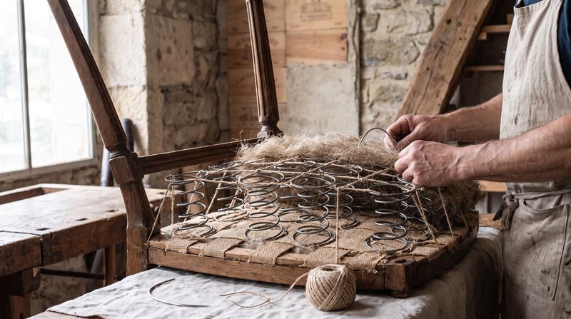 Carcasse de siège en cours de réfection : ressorts guindés, sangles de jute et crin, aiguille courbe et ficelle sur l’établi