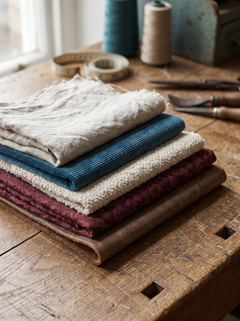 Pile d’échantillons de tissus d’ameublement sur un établi en chêne : lin lavé, velours côtelé bleu canard, bouclette, jacquard bordeaux et cuir