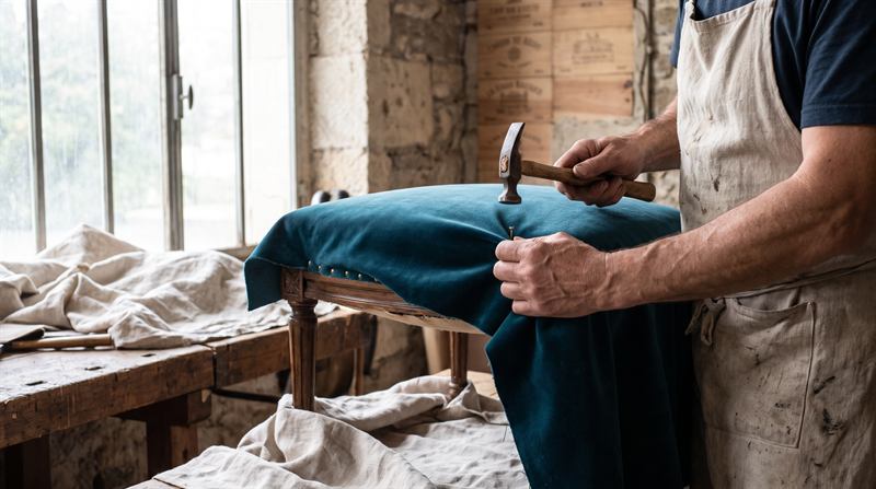 Mains d’un tapissier tendant un velours bleu canard sur l’assise d’un fauteuil ancien et posant des semences, dans un atelier en pierre baigné de lumière du nord
