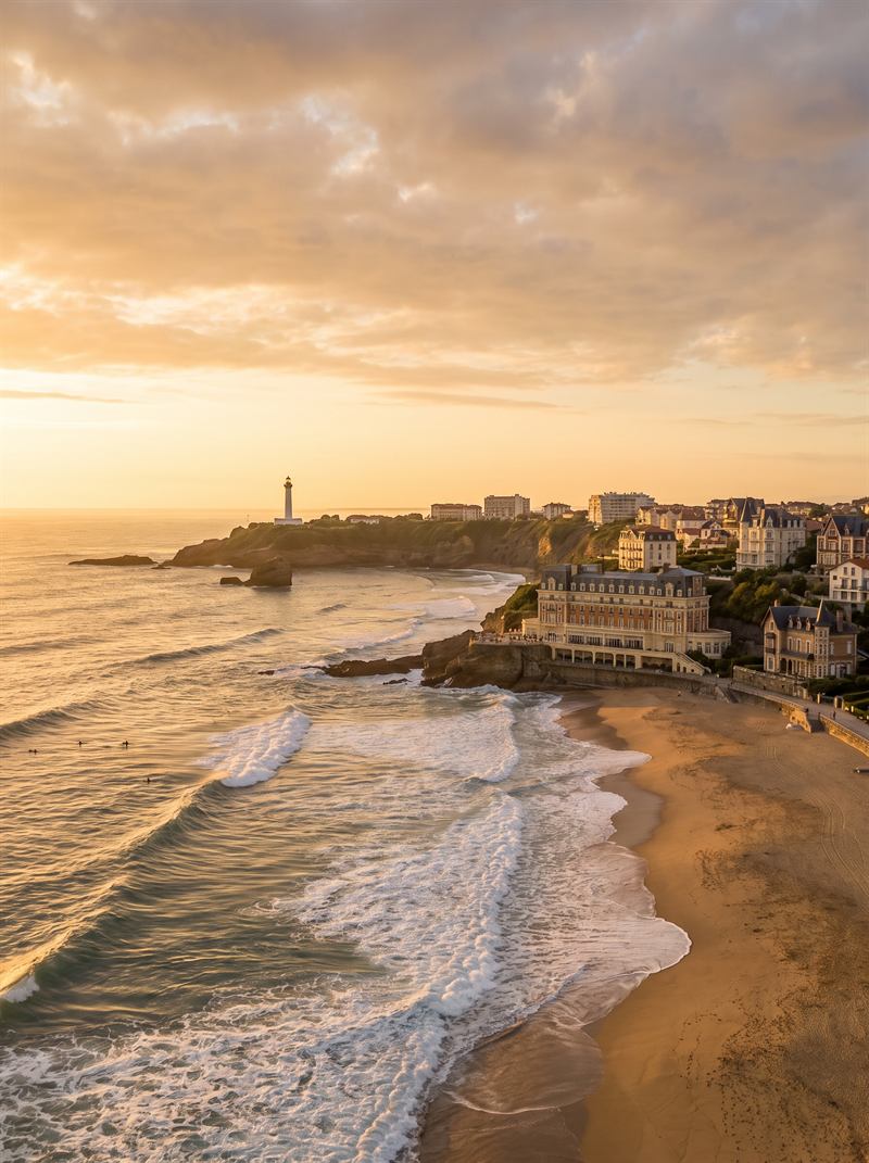Grande plage de Biarritz et phare au soleil couchant