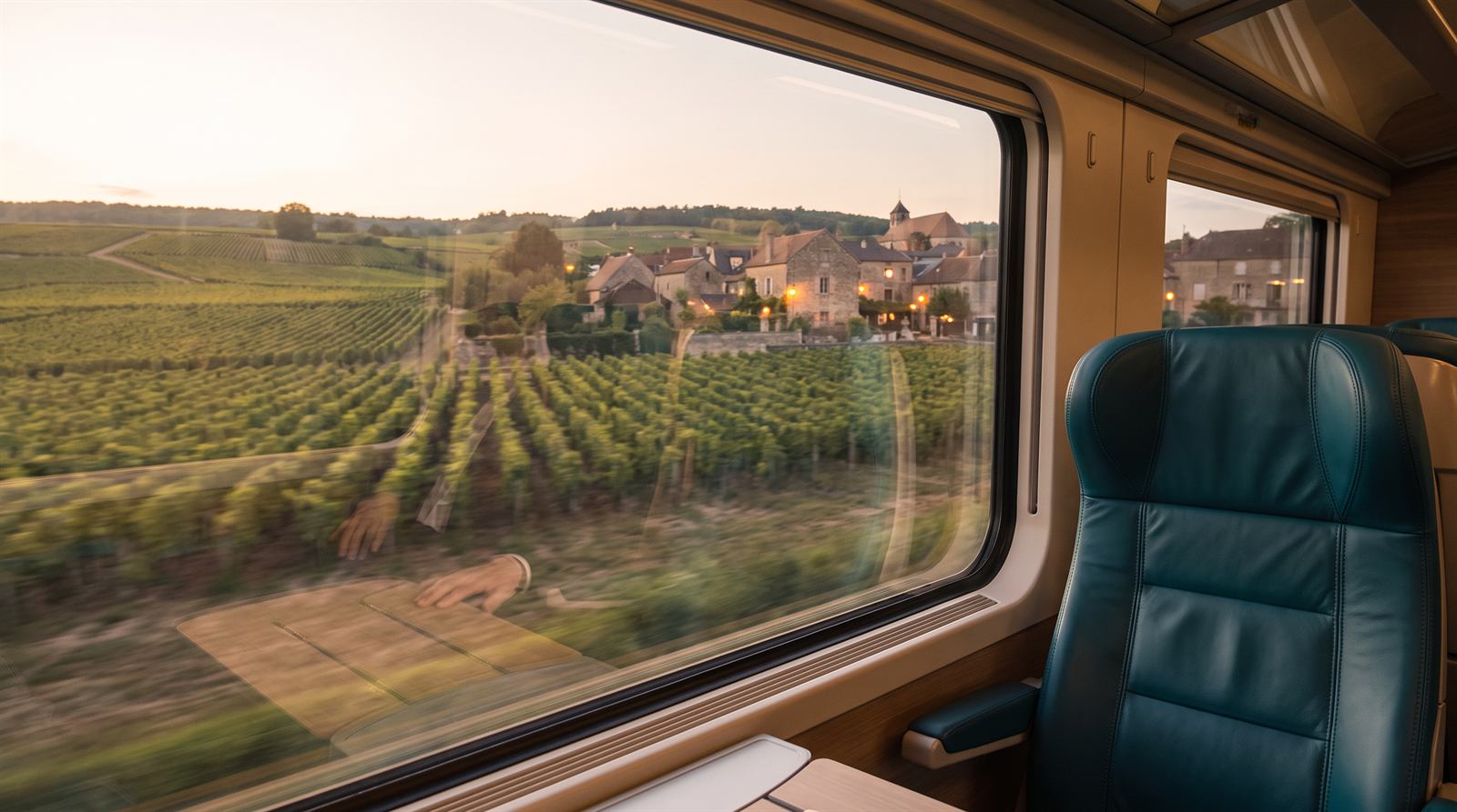 Vignes et village vus à travers la fenêtre du train au crépuscule