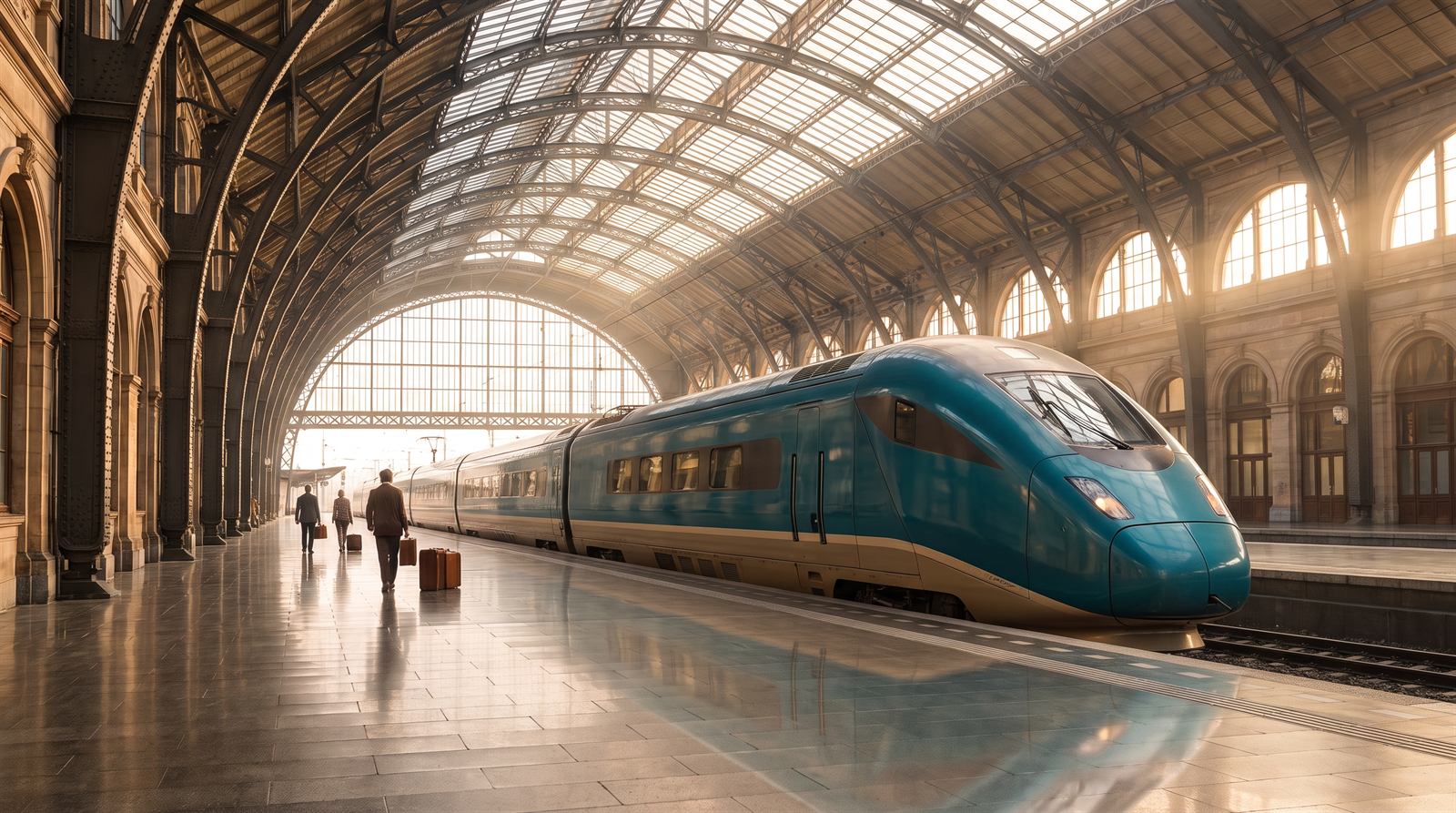 Train Transversale à quai sous la grande verrière d’une gare, dans la lumière du matin