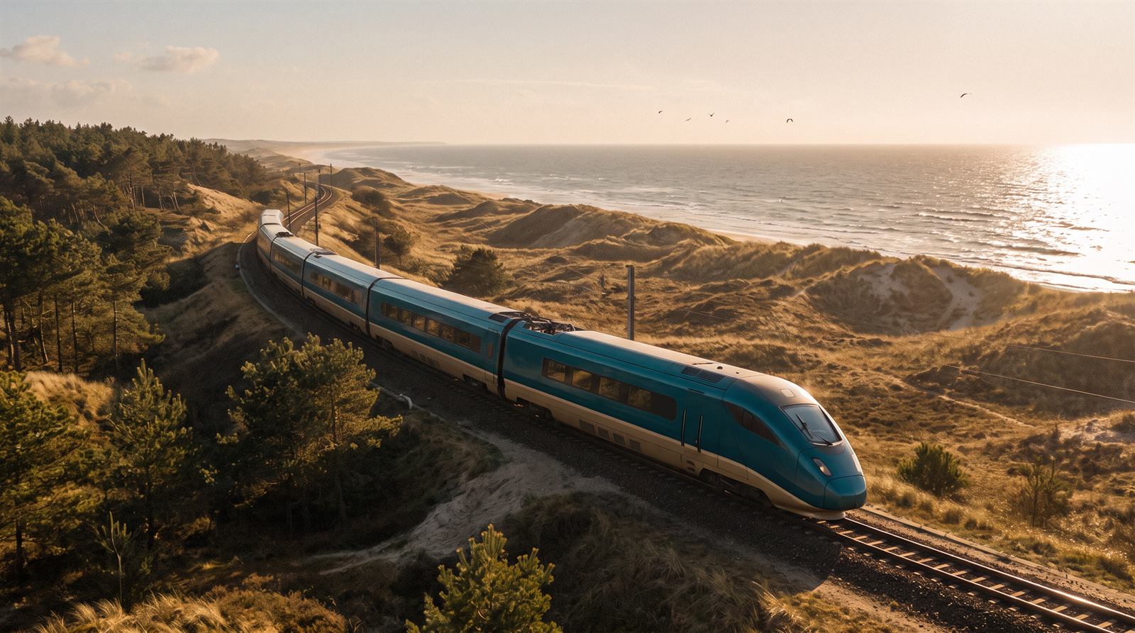 Train Transversale longeant les dunes de la côte atlantique au soleil couchant
