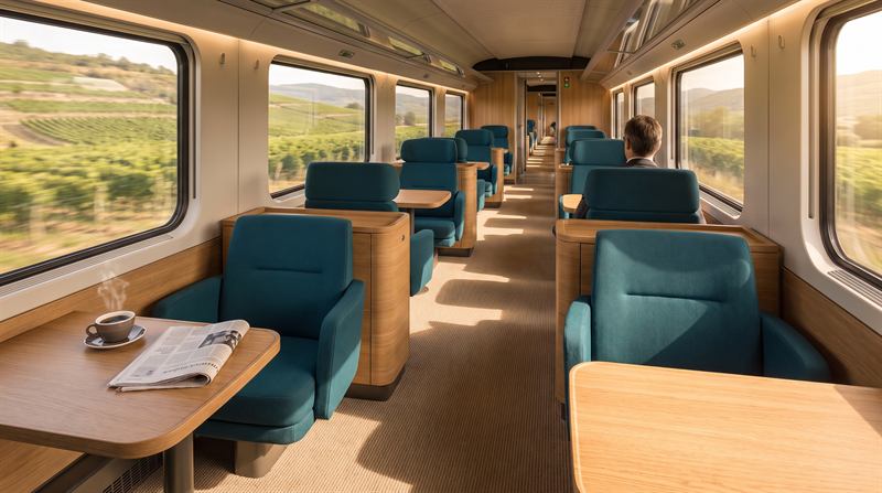 Voiture Première : fauteuils bleu canard, tables en chêne et grandes fenêtres sur les vignes