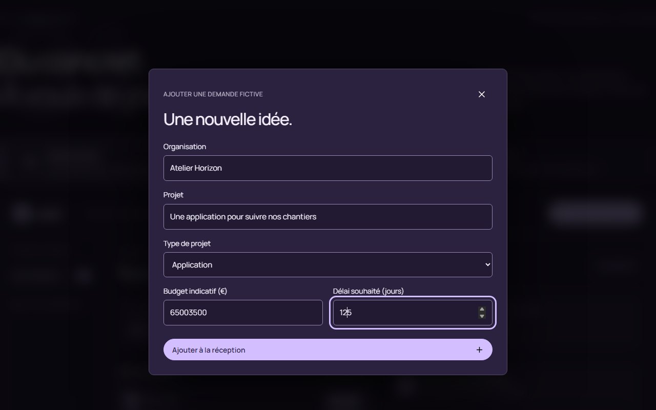Formulaire Orbit renseigné avec une demande fictive d’application pour Atelier Horizon