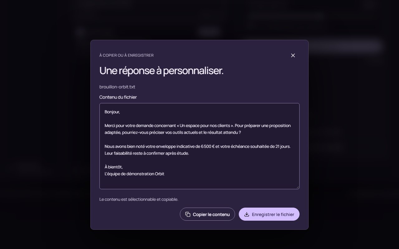 Brouillon de réponse préparé par Orbit, à relire, copier ou enregistrer