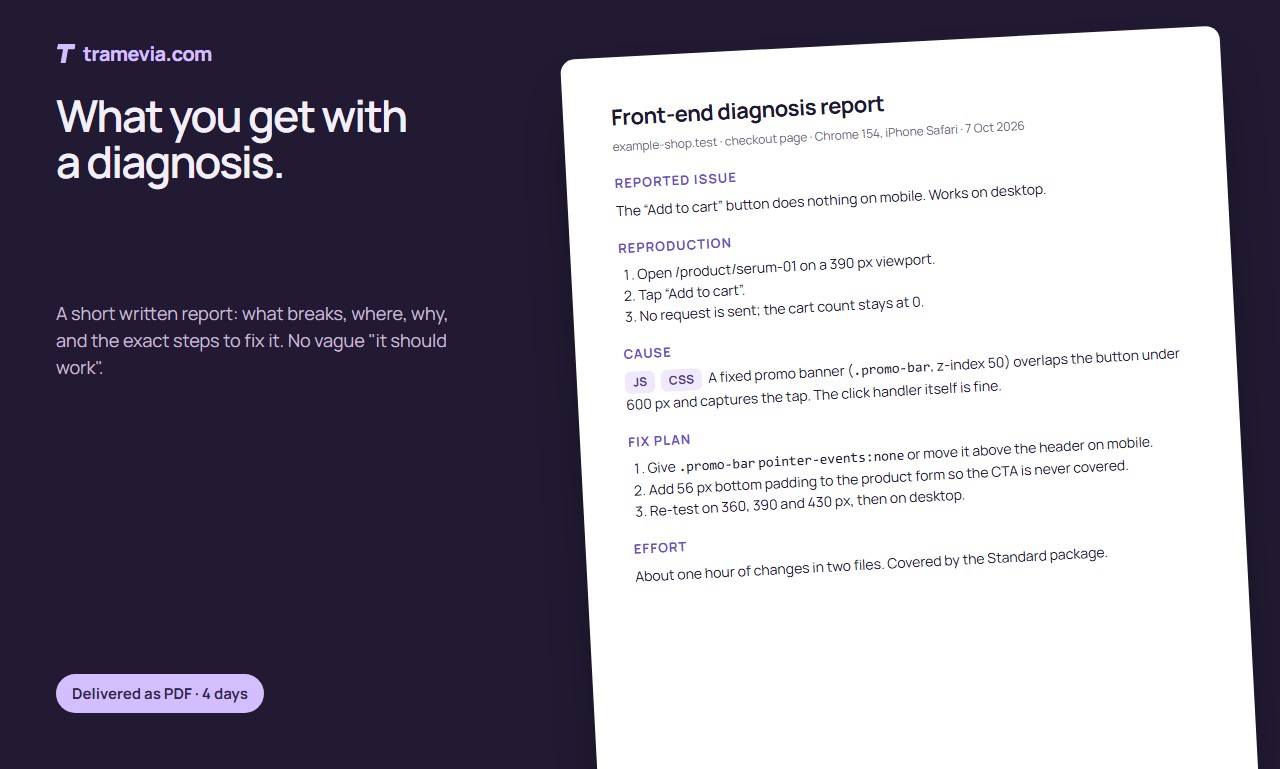 Sample diagnosis report: reported issue, reproduction, cause and fix plan