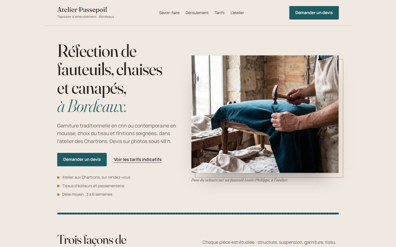 Home page of the Atelier Passepoil demonstration website, an upholsterer in Bordeaux