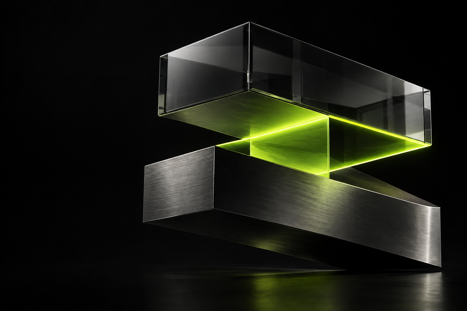 Sculptural smoked glass and metal architecture illuminated by green light
