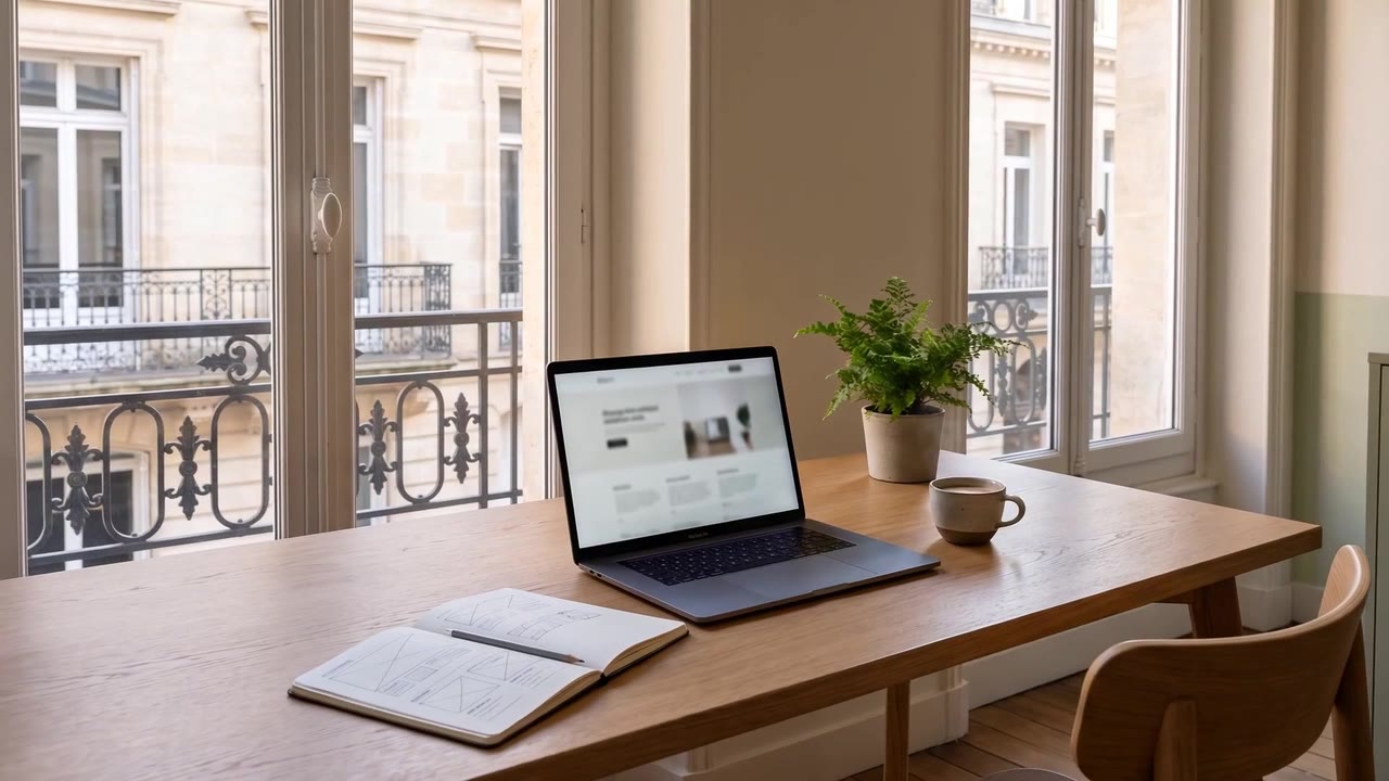 Un bureau à Bordeaux en lumière de fin d’après-midi, un ordinateur ouvert sur une table en bois